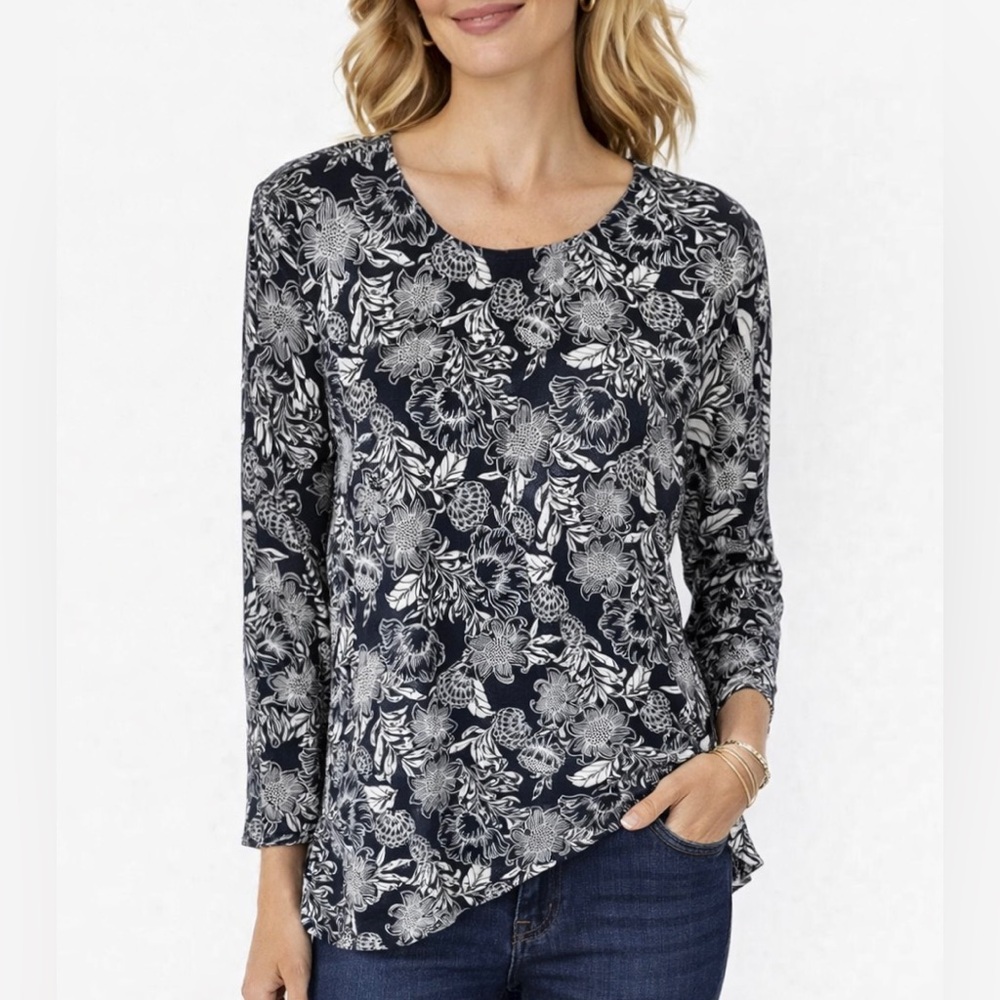 J Jill Floral Black and White Long Sleeve Top with Flutter Hemline Size MP